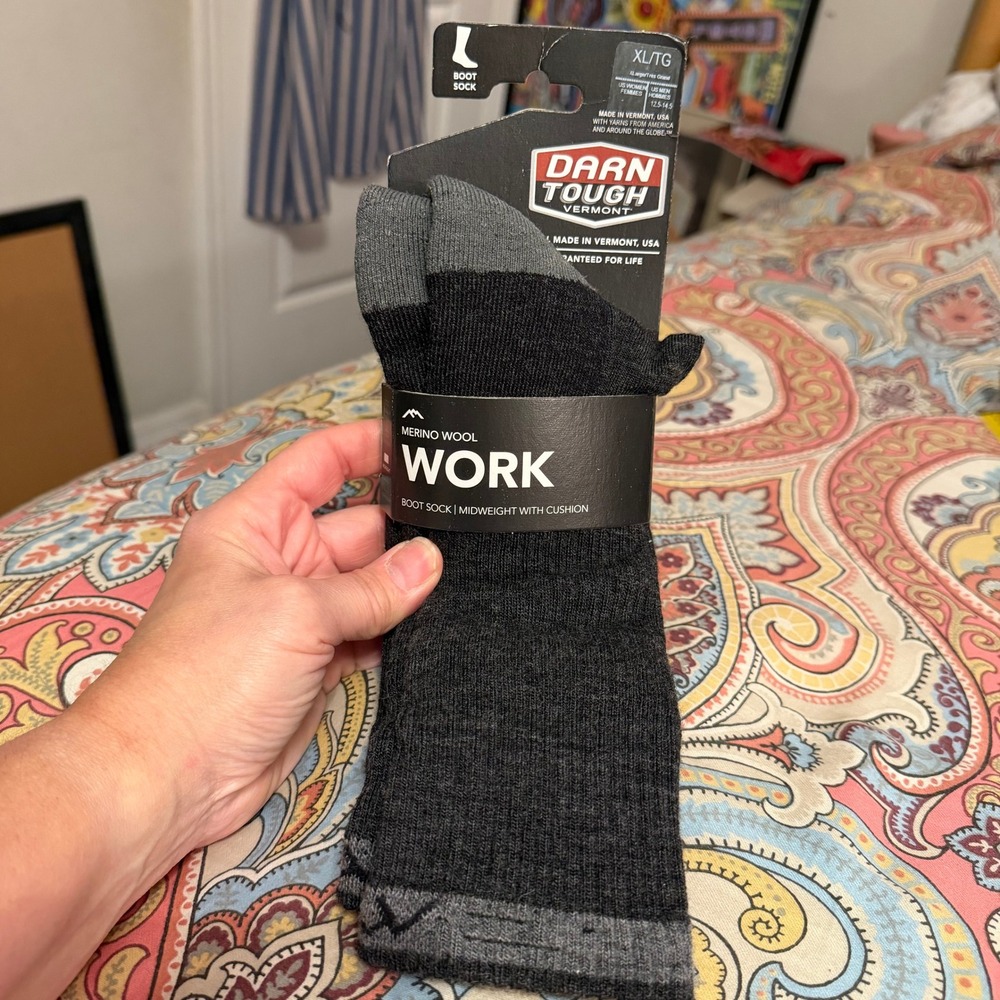 Darn Tough Men XL Merino Wool Work Boot Sock Midweight Cushion Gravel 2001 NEW